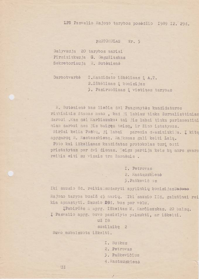 LPS Pasvalio rajono tarybos 1989.12.29 posėdžio PROTOKOLAS Nr. 5